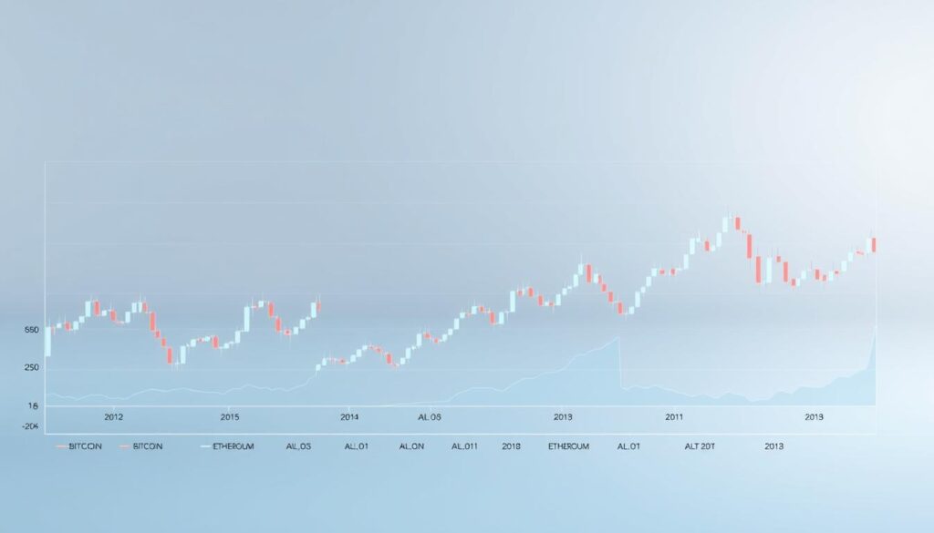 A professional financial data visualization depicting the closing prices of major cryptocurrencies. A crisp, minimalist design with clean lines and a neutral color palette. The foreground shows a series of candlestick charts, each representing the daily closing prices of Bitcoin, Ethereum, and several altcoins. The charts are arranged in an organized grid, with subtle gridlines and axis labels providing context. The middle ground features a serene, softly blurred background, perhaps with a subtle texture or gradient to evoke a sense of digital finance. The lighting is cool and even, creating a sense of clarity and precision. The overall mood is one of analytical focus, with a touch of elegance and sophistication to reflect the subject matter. A professional financial data visualization depicting the closing prices of major cryptocurrencies. A crisp, minimalist design with clean lines and a neutral color palette. The foreground shows a series of candlestick charts, each representing the daily closing prices of Bitcoin, Ethereum, and several altcoins. The charts are arranged in an organized grid, with subtle gridlines and axis labels providing context. The middle ground features a serene, softly blurred background, perhaps with a subtle texture or gradient to evoke a sense of digital finance. The lighting is cool and even, creating a sense of clarity and precision. The overall mood is one of analytical focus, with a touch of elegance and sophistication to reflect the subject matter.
