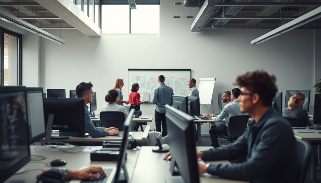 A professional team of software engineers and data scientists collaborating in a modern, well-lit office setting. Desks and workstations arranged in an open floor plan, with large windows letting in natural light. In the foreground, several employees are intently focused on their computer screens, hands on keyboards. In the middle ground, a small group gathered around a whiteboard, discussing technical diagrams and visualizations. The background features a sleek, minimalist design with clean lines and muted colors, conveying a sense of efficiency and enterprise-grade capabilities. The overall atmosphere is one of focused productivity, with a hint of innovation and cutting-edge technology.