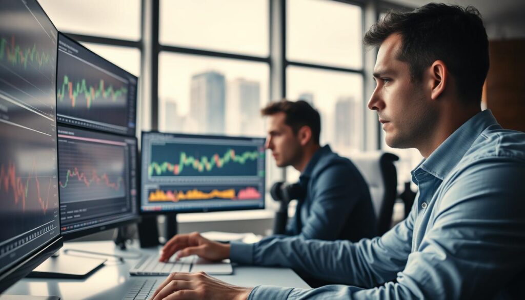 A professional trader sits at a desk, meticulously reviewing financial data and charts displayed on multiple high-resolution monitors. The lighting is soft and focused, creating a contemplative atmosphere. The trader's expression is one of deep concentration as they set clear, measurable objectives for their cryptocurrency trading strategy, determined to achieve consistent, sustainable returns. In the background, a city skyline is visible through large windows, hinting at the broader financial landscape. The scene conveys a sense of purpose, discipline, and a commitment to data-driven decision-making.