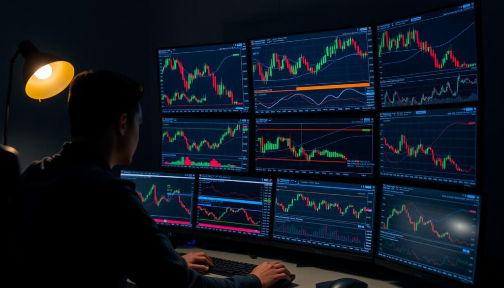 A professional trader's workstation, dimly lit by a single lamp, displays a multi-screen setup showcasing various technical indicators across different timeframes. Candlestick charts, oscillators, and momentum indicators are meticulously analyzed, their patterns and trends illuminating the complex dynamics of the cryptocurrency market. The screens are arranged in a visually striking layout, drawing the viewer's attention to the intricate details of this comprehensive technical analysis. A sense of focus and determination permeates the scene, as the trader navigates the ever-evolving landscape of altcoin price movements. A professional trader's workstation, dimly lit by a single lamp, displays a multi-screen setup showcasing various technical indicators across different timeframes. Candlestick charts, oscillators, and momentum indicators are meticulously analyzed, their patterns and trends illuminating the complex dynamics of the cryptocurrency market. The screens are arranged in a visually striking layout, drawing the viewer's attention to the intricate details of this comprehensive technical analysis. A sense of focus and determination permeates the scene, as the trader navigates the ever-evolving landscape of altcoin price movements.