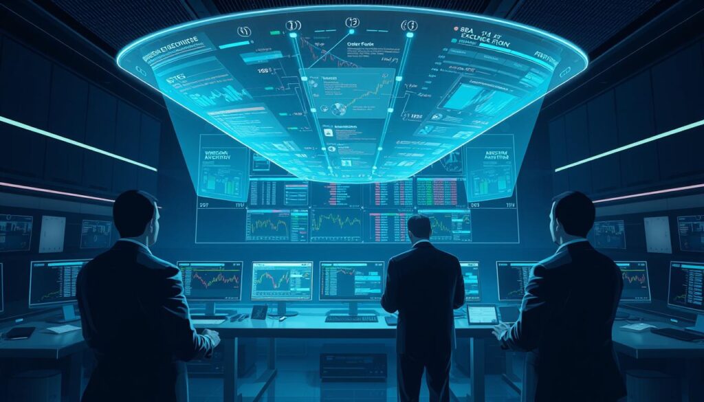 A real-time trade execution pipeline, captured in a sleek, technical illustration. Amidst a dimly lit trading floor, a central console displays live data feeds, order books, and execution algorithms. Holographic projections hover above, visualizing the flow of transactions in real-time. Traders, clad in tailored suits, monitor the system intently, their faces illuminated by the glow of multiple screens. The room is bathed in a cool, blue-tinted light, creating a sense of focused intensity. The overall scene conveys the high-stakes, cutting-edge nature of modern algorithmic trading. A real-time trade execution pipeline, captured in a sleek, technical illustration. Amidst a dimly lit trading floor, a central console displays live data feeds, order books, and execution algorithms. Holographic projections hover above, visualizing the flow of transactions in real-time. Traders, clad in tailored suits, monitor the system intently, their faces illuminated by the glow of multiple screens. The room is bathed in a cool, blue-tinted light, creating a sense of focused intensity. The overall scene conveys the high-stakes, cutting-edge nature of modern algorithmic trading.