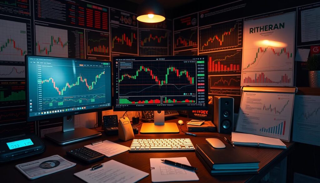 A richly detailed macro view of a professional cryptocurrency trading desk, with a central screen displaying various technical analysis indicators and risk management strategies. The desk is illuminated by a warm, ambient light, casting a contemplative mood. Intricate financial charts, graphs, and market data visualizations fill the background, creating a sense of immersion in the dynamic world of crypto trading. Strategically placed whiteboards and notepads suggest the meticulous planning and analysis required to navigate the volatile cryptocurrency markets successfully. A richly detailed macro view of a professional cryptocurrency trading desk, with a central screen displaying various technical analysis indicators and risk management strategies. The desk is illuminated by a warm, ambient light, casting a contemplative mood. Intricate financial charts, graphs, and market data visualizations fill the background, creating a sense of immersion in the dynamic world of crypto trading. Strategically placed whiteboards and notepads suggest the meticulous planning and analysis required to navigate the volatile cryptocurrency markets successfully.