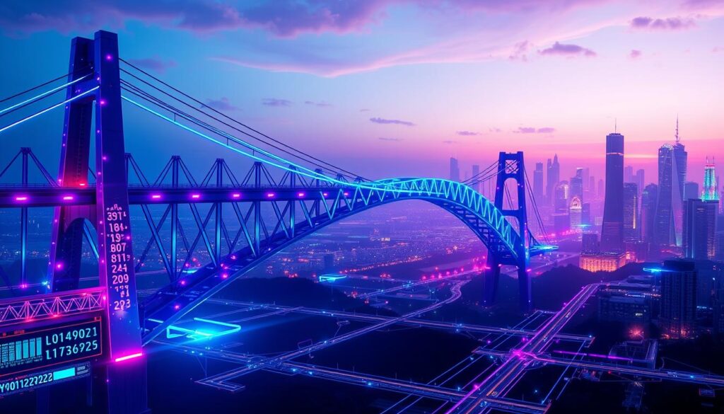 A secure cross-chain bridge, connecting two blockchain networks, stands tall against a backdrop of a cyberpunk-inspired cityscape. The bridge is illuminated by an array of vivid blue and purple hues, casting an ethereal glow that reflects off the sleek, titanium-like structures. In the foreground, intricate algorithms and cryptographic symbols dance across holographic displays, highlighting the advanced security protocols that safeguard the bridge's transactions. The middle ground features a network of data streams and communication channels, visualized as glowing, interconnected lines, symbolizing the seamless integration between the two chains. The distant background showcases a futuristic skyline, complete with towering skyscrapers and a vibrant, neon-lit horizon, conveying a sense of technological innovation and progress.
