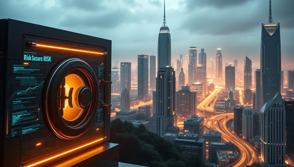 A secure crypto lending platform, with a sleek interface showcasing risk management features. In the foreground, a glowing digital vault symbolizes the safekeeping of assets, guarded by a complex security system. In the middle ground, a team of analysts meticulously monitors real-time data, identifying and mitigating potential risks. The background depicts a futuristic cityscape, with skyscrapers made of code and blockchain infrastructure weaving through the landscape. Diffused lighting casts a warm, authoritative glow, conveying a sense of trust and reliability. The overall atmosphere is one of technological sophistication, robust security, and prudent risk management - essential elements for a thriving crypto lending ecosystem.