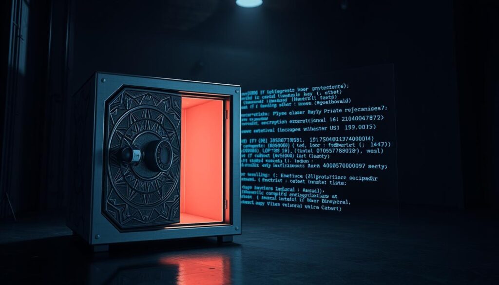 A secure digital vault protected by a series of interlocking safeguards. In the foreground, a high-quality render of a metallic safe, its surface etched with complex geometric patterns. The safe's door is slightly ajar, revealing a glowing inner chamber. In the middle ground, a holographic display projects shifting lines of code, representing the multilayered encryption safeguarding the vault's contents. The background is a dimly lit, industrial-style setting, with shadows and moody lighting adding to the sense of heightened security. The overall atmosphere conveys a serious, high-stakes tone befitting the importance of protecting private cryptographic keys.