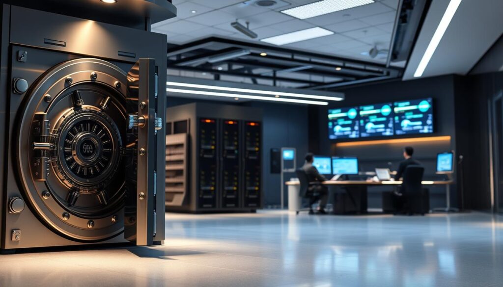 A secure, high-tech cryptocurrency custody facility. In the foreground, a vault door with intricate security mechanisms stands open, inviting entry. The middle ground features server racks, biometric scanners, and a team of professionals monitoring security feeds. The background showcases a sleek, modern control center with banks of screens displaying real-time data analytics. Soft, ambient lighting casts a reassuring glow, while strategic camera angles and depth of field emphasize the facility's institutional-grade security measures. The overall atmosphere conveys a sense of reliability, trust, and cutting-edge risk management in the world of digital asset custody. A secure, high-tech cryptocurrency custody facility. In the foreground, a vault door with intricate security mechanisms stands open, inviting entry. The middle ground features server racks, biometric scanners, and a team of professionals monitoring security feeds. The background showcases a sleek, modern control center with banks of screens displaying real-time data analytics. Soft, ambient lighting casts a reassuring glow, while strategic camera angles and depth of field emphasize the facility's institutional-grade security measures. The overall atmosphere conveys a sense of reliability, trust, and cutting-edge risk management in the world of digital asset custody.