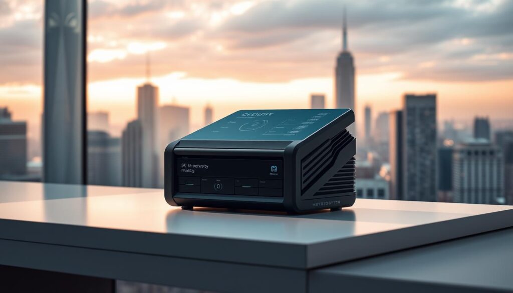 A secure, modern crypto custody solution, featuring a sleek, high-tech hardware wallet on a minimalist desk. The wallet's intuitive interface and advanced security features are illuminated by soft, diffused lighting, creating an atmosphere of confidence and control. In the background, a cityscape of skyscrapers symbolizes the global reach and institutional appeal of this crypto storage system. The overall scene conveys a sense of reliability, innovation, and protection for digital assets.