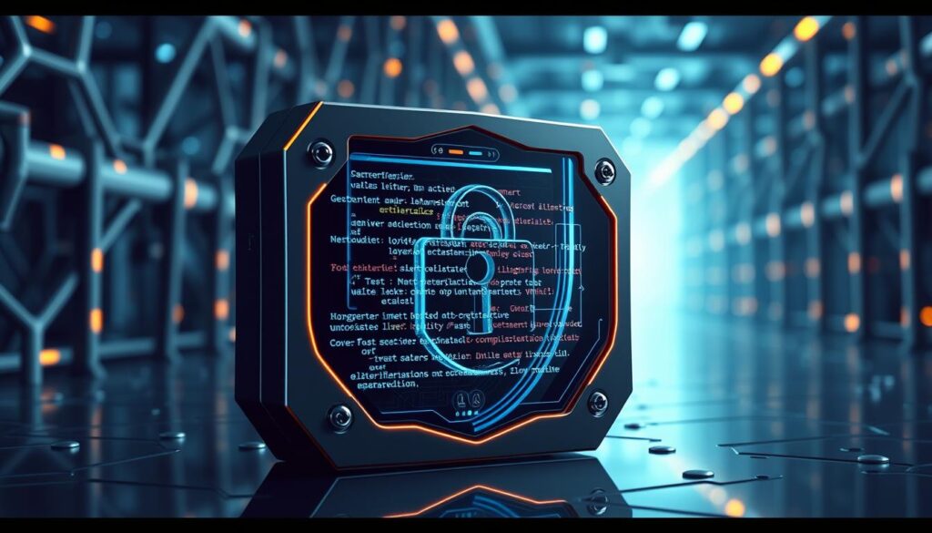 A secure smart contract, its code audited and bug bounties active, stands resolute against a backdrop of blockchain infrastructure. Sleek, futuristic, and minimalist design evokes an atmosphere of reliability and trust. Soft, directional lighting highlights the contract's elegant lines and complex inner workings, conveying a sense of technological sophistication. The overall scene communicates a security-first approach, where rigorous testing and oversight safeguard the integrity of decentralized finance protocols.