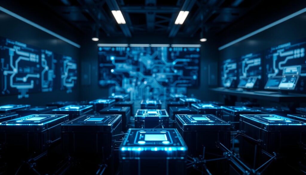 A secure, tamper-resistant blockchain ledger in a sleek, modern cybersecurity setting. In the foreground, a series of interconnected quantum-safe cryptographic blocks, their edges glowing with a faint blue luminescence. In the middle ground, a complex network of digital pathways and nodes, pulsing with real-time data. The background depicts a dimly lit, high-tech control room, with holographic displays and sleek, minimalist consoles. Dramatic lighting casts long shadows, creating a sense of depth and mystery. The overall mood is one of advanced technological prowess, robust security, and the cutting edge of blockchain innovation.