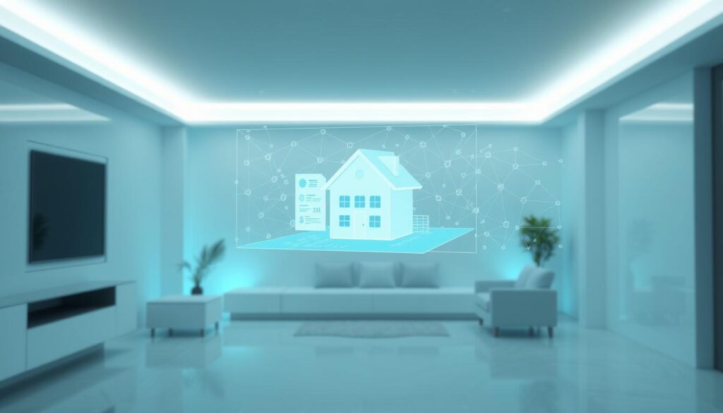 A secure, transparent blockchain-based property verification system. In the foreground, a modern virtual home or office, with clean lines and sleek design. In the middle ground, a 3D holographic display showing property documents, deed histories, and ownership records, all secured on the blockchain. The background features a grid-like network of interconnected nodes, representing the distributed ledger that underpins the verification process. Gentle blue and green hues create a calming, futuristic atmosphere, conveying the reliability and trustworthiness of the blockchain technology. Subtle lighting from above and behind casts a soft, ethereal glow over the scene.