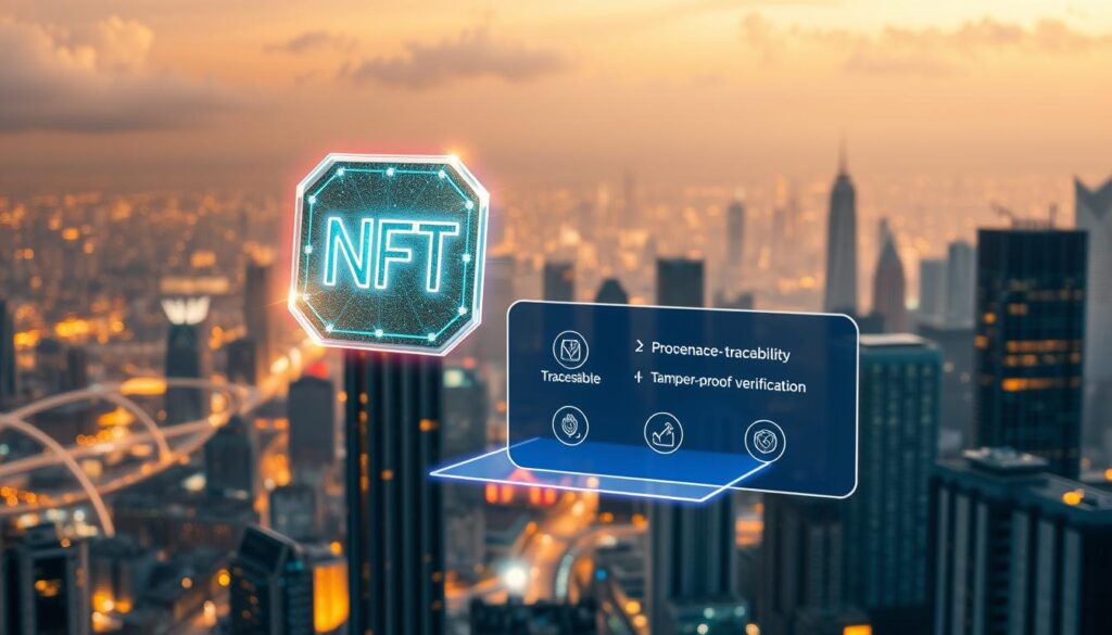 A serene and futuristic cityscape, with a glowing blockchain network weaving through the skyscrapers. In the foreground, an NFT icon hovers, its edges shimmering with a prismatic aura, signifying the power of blockchain authentication. The mid-ground features a holographic display showcasing the key benefits of this technology - provenance, traceability, and tamper-proof verification. The background is bathed in a warm, golden light, creating a sense of trust and security. The overall scene conveys the transformative impact of blockchain technology on the world of digital art and collectibles. A serene and futuristic cityscape, with a glowing blockchain network weaving through the skyscrapers. In the foreground, an NFT icon hovers, its edges shimmering with a prismatic aura, signifying the power of blockchain authentication. The mid-ground features a holographic display showcasing the key benefits of this technology - provenance, traceability, and tamper-proof verification. The background is bathed in a warm, golden light, creating a sense of trust and security. The overall scene conveys the transformative impact of blockchain technology on the world of digital art and collectibles.