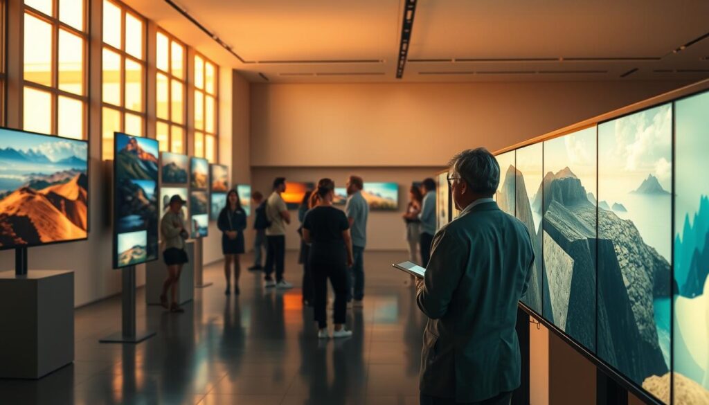 A serene and immersive digital art gallery, lit by warm natural lighting filtering through large windows. In the foreground, a curator carefully examines a collection of unique NFT artworks displayed on high-resolution monitors, each frame showcasing the intricate details and vibrant colors of the digital masterpieces. In the middle ground, visitors peruse the gallery, immersed in the captivating digital landscapes and abstract compositions. The background features a minimalist, yet elegant decor, with clean lines and neutral tones that complement the digital artworks. The overall atmosphere is one of refined sophistication, where the curation of these digital treasures is elevated to an art form. A serene and immersive digital art gallery, lit by warm natural lighting filtering through large windows. In the foreground, a curator carefully examines a collection of unique NFT artworks displayed on high-resolution monitors, each frame showcasing the intricate details and vibrant colors of the digital masterpieces. In the middle ground, visitors peruse the gallery, immersed in the captivating digital landscapes and abstract compositions. The background features a minimalist, yet elegant decor, with clean lines and neutral tones that complement the digital artworks. The overall atmosphere is one of refined sophistication, where the curation of these digital treasures is elevated to an art form.