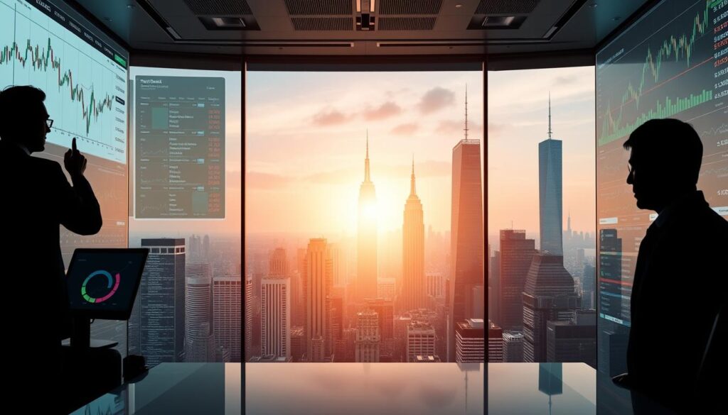 A serene and well-balanced investment portfolio, featuring a diverse array of traditional assets such as stocks, bonds, and real estate. In the foreground, a sleek, modern office space showcases the silhouettes of professional investors analyzing financial data on their displays. The middle ground depicts a cityscape of skyscrapers and bustling financial districts, symbolizing the public companies driving the global economy. The background is bathed in a warm, golden light, conveying a sense of stability and prosperity. The overall scene exudes an air of sophistication, expertise, and financial acumen, perfectly capturing the essence of diversifying beyond cryptocurrencies. A serene and well-balanced investment portfolio, featuring a diverse array of traditional assets such as stocks, bonds, and real estate. In the foreground, a sleek, modern office space showcases the silhouettes of professional investors analyzing financial data on their displays. The middle ground depicts a cityscape of skyscrapers and bustling financial districts, symbolizing the public companies driving the global economy. The background is bathed in a warm, golden light, conveying a sense of stability and prosperity. The overall scene exudes an air of sophistication, expertise, and financial acumen, perfectly capturing the essence of diversifying beyond cryptocurrencies.
