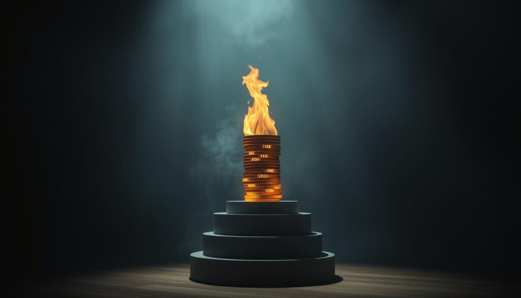 A serene, dimly lit room with a central podium on which a stack of cryptocurrency tokens sits. The tokens are engulfed in a flickering, ethereal flame, casting a warm, orange glow across the scene. The background is shrouded in a hazy, atmospheric mist, creating a sense of mystique and the feeling of a sacred ritual. The lighting is dramatic, with strong shadows and highlights that accentuate the burning tokens. The camera angle is slightly elevated, giving the viewer a sense of observing the "Proof of Burn" mechanism from above, as if witnessing a solemn ceremony. The overall mood is one of reverence and the weight of a significant technological process.