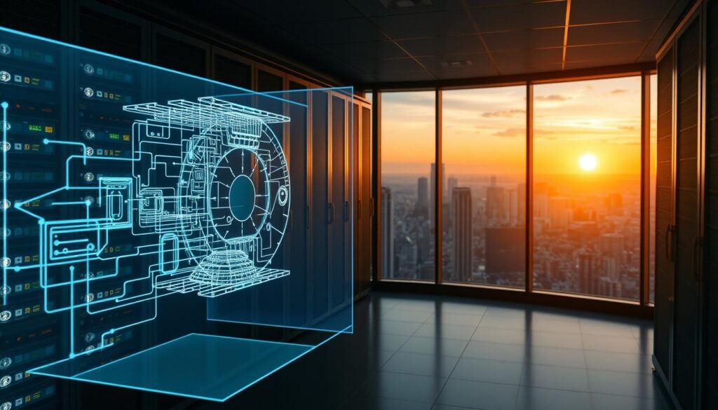 A serene, dimly-lit server room with rows of sleek, modern servers humming softly. In the foreground, a glowing holographic display showcases a detailed 3D model of an NFT metadata system, its intricate structure and data flows visualized in a mesmerizing array of shapes and lines. The background features a large panoramic window, revealing a breathtaking cityscape bathed in the soft glow of the setting sun, symbolizing the enduring value of the decentralized NFT metadata solution. The lighting is warm and atmospheric, casting subtle shadows that add depth and texture to the scene. The overall composition conveys a sense of technological sophistication, efficiency, and the lasting impact of optimizing NFT metadata storage. A serene, dimly-lit server room with rows of sleek, modern servers humming softly. In the foreground, a glowing holographic display showcases a detailed 3D model of an NFT metadata system, its intricate structure and data flows visualized in a mesmerizing array of shapes and lines. The background features a large panoramic window, revealing a breathtaking cityscape bathed in the soft glow of the setting sun, symbolizing the enduring value of the decentralized NFT metadata solution. The lighting is warm and atmospheric, casting subtle shadows that add depth and texture to the scene. The overall composition conveys a sense of technological sophistication, efficiency, and the lasting impact of optimizing NFT metadata storage.