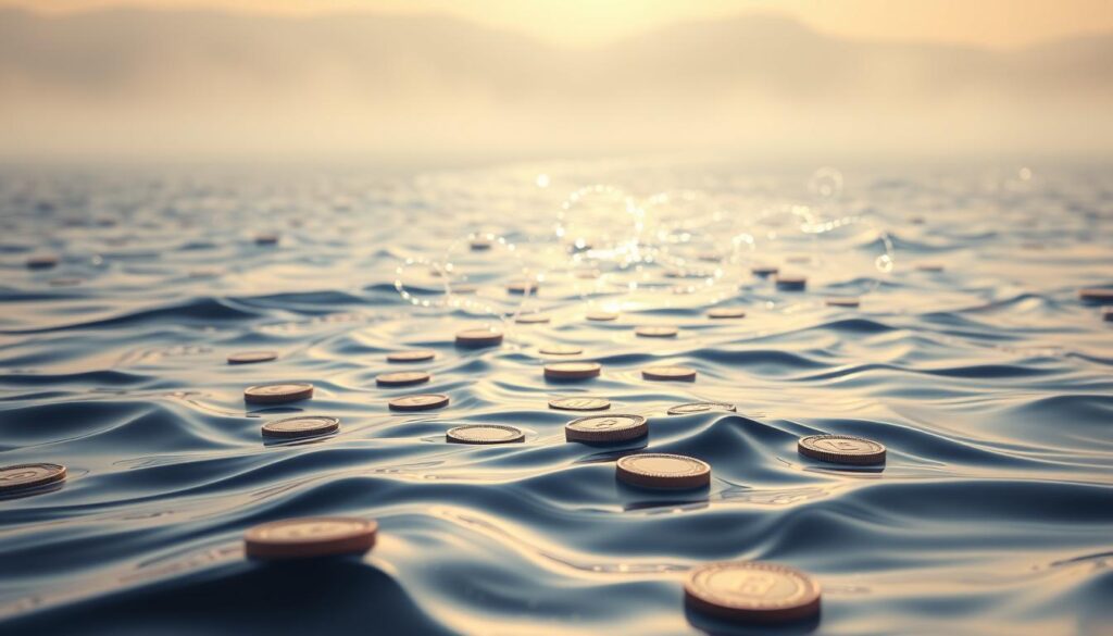 A serene, flowing river of liquid cryptocurrency tokens, their digital forms shimmering in the soft, ambient light. The foreground showcases the smooth, undulating motion of the tokens, their surfaces reflecting the gentle illumination from above. In the middle ground, the tokens converge and diverge, creating a mesmerizing pattern of liquidity. The background depicts a hazy, ethereal landscape, subtly suggesting the decentralized, boundless nature of the cryptocurrency ecosystem. The scene conveys a sense of harmony, balance, and the seamless exchange of digital assets, capturing the essence of the mechanics behind crypto token fundraising platforms and liquidity flows.