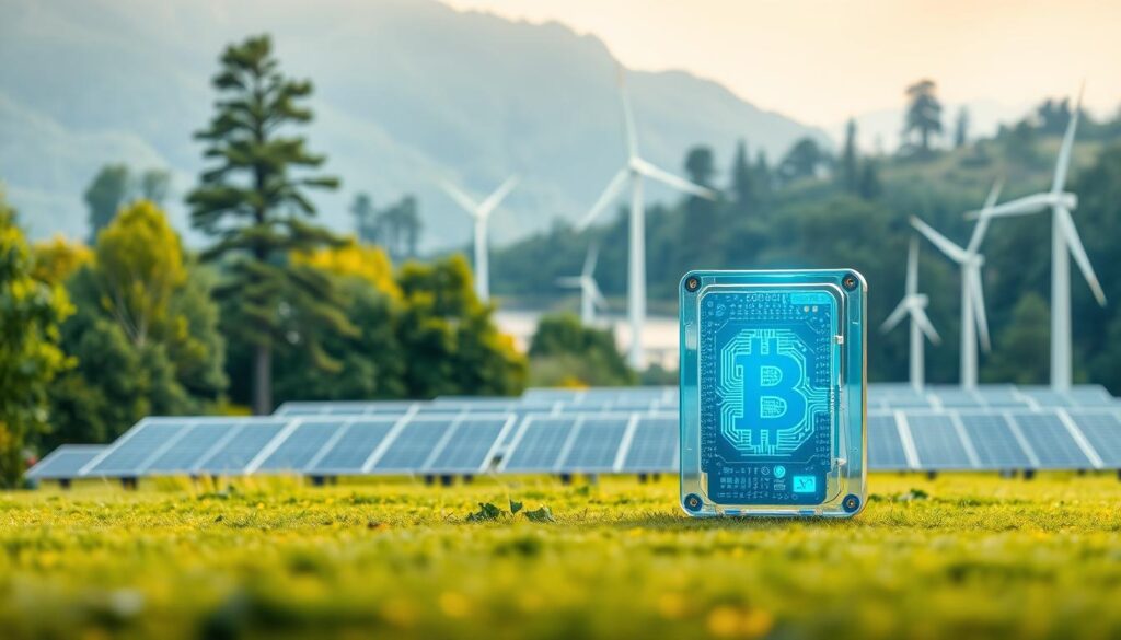 A serene, futuristic landscape depicting sustainable blockchain energy solutions. In the foreground, a sleek, minimalist blockchain node encased in a transparent, eco-friendly casing, its soft blue glow illuminating the scene. In the middle ground, rows of advanced solar panels and wind turbines, their efficient designs harnessing renewable energy to power the blockchain network. The background showcases a lush, verdant environment, with towering trees and a tranquil lake reflecting the clean, sustainable technologies. Soft, diffused lighting casts a warm, optimistic tone, conveying the harmony between technology and nature. The overall composition emphasizes the potential of blockchain to revolutionize energy sustainability, promoting a future of green, decentralized power.