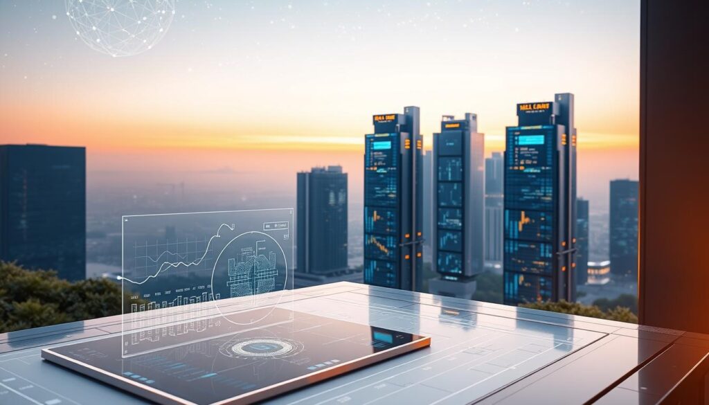 A serene, futuristic landscape depicting the power of AI-driven DeFi protocols and yield farming. In the foreground, a holographic interface hovers above a sleek, minimalist control panel, showcasing intricate graphs and charts. In the middle ground, towering skyscrapers of gleaming steel and glass rise, their facades adorned with digital displays streaming real-time financial data. The background is a vast, starry sky, hinting at the boundless potential of the decentralized financial ecosystem. Soft, warm lighting illuminates the scene, creating an atmosphere of innovation and technological advancement.