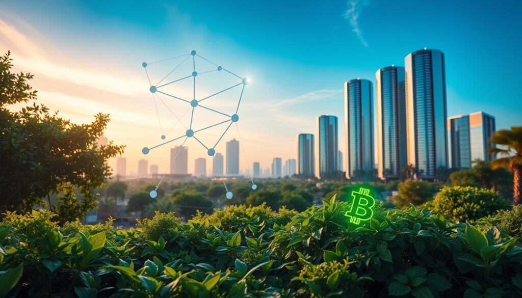 A serene, futuristic landscape showcasing the harmony of green blockchain solutions. In the foreground, a lush, verdant blockchain node nestled amidst thriving foliage, symbolizing the sustainability of eco-friendly distributed ledger technology. The middle ground features a constellation of interconnected blockchain servers, their activity visualized through glowing, energy-efficient indicators. In the background, towering skyscrapers with sleek, solar-paneled facades reflect the sky's calming azure hue, suggesting a carbon-neutral urban environment powered by green blockchain innovations. Warm, diffused lighting illuminates the scene, evoking a sense of progress and environmental responsibility.