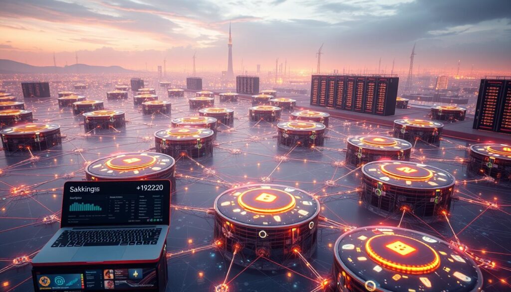 A serene landscape of interconnected blockchain-based staking pools, their shimmering interfaces reflecting the digital assets they secure. In the foreground, sleek user dashboards display staking balances and rewards, inviting users to participate in the decentralized finance ecosystem. The middle ground features a network of nodes, their activity visualized through glowing data streams. In the distance, a horizon of towering server racks and data centers, powering the underlying infrastructure that enables these staking opportunities. The scene is bathed in a warm, futuristic glow, conveying the promising potential of DeFi staking to empower a new era of passive crypto asset management.
