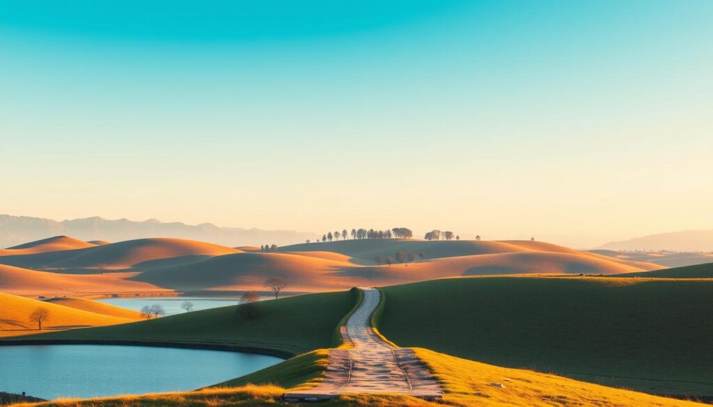 A serene landscape with rolling hills, a tranquil lake, and a clear sky. In the foreground, three distinct paths diverge - one ascending, one level, and one descending, representing the bull, base, and bear scenarios for the TAO cryptocurrency price. The paths are illuminated by warm, golden lighting, casting a sense of hope and opportunity. The middle ground features silhouettes of trees and a distant mountain range, adding depth and a sense of scale. The background is a gradient of soft blues and purples, conveying a sense of calm and contemplation. The overall atmosphere is one of balance, clarity, and the potential for growth, mirroring the analysis of the cryptocurrency's future trajectories.