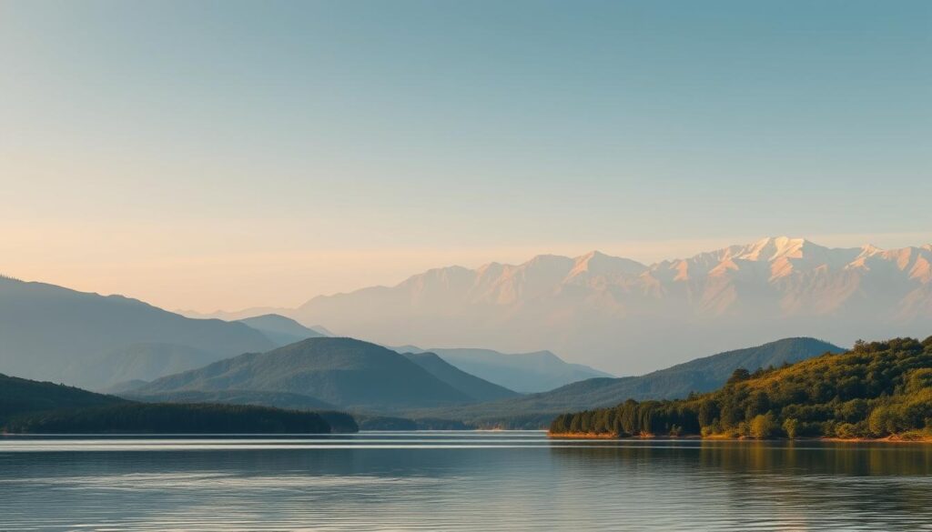 A serene, minimalist landscape depicting price stability. In the foreground, a tranquil lake reflects a cloudless sky, symbolizing the equilibrium of a stablecoin protocol. In the middle ground, rolling hills covered in lush vegetation provide a sense of stability and balance. The background features a range of distant mountains bathed in warm, golden light, conveying a sense of strength and resilience. The scene is illuminated by soft, natural lighting, captured through a wide-angle lens to create a sense of depth and expansiveness. The overall mood is one of stability, security, and unwavering resilience, perfectly suited to illustrate the concept of price stability in a cryptocurrency algorithmic stablecoin protocol.