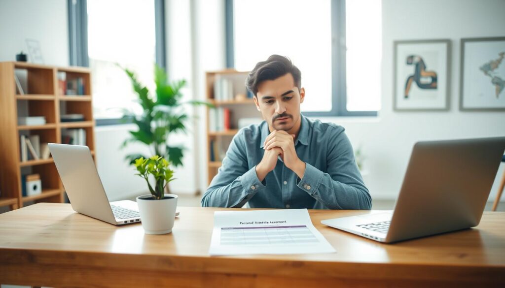 A serene, minimalist office setting with a wooden desk, a potted plant, and a laptop. In the foreground, a person sits thoughtfully, hands clasped, expression pensive as they contemplate a personal risk tolerance assessment worksheet on the desk before them. Soft, natural lighting filters in through large windows, creating a calming atmosphere. The background is blurred, with a bookshelf and framed artwork visible, suggesting an environment conducive to focused work and introspection. The overall scene conveys a sense of careful consideration and a deliberate approach to financial decision-making. A serene, minimalist office setting with a wooden desk, a potted plant, and a laptop. In the foreground, a person sits thoughtfully, hands clasped, expression pensive as they contemplate a personal risk tolerance assessment worksheet on the desk before them. Soft, natural lighting filters in through large windows, creating a calming atmosphere. The background is blurred, with a bookshelf and framed artwork visible, suggesting an environment conducive to focused work and introspection. The overall scene conveys a sense of careful consideration and a deliberate approach to financial decision-making.