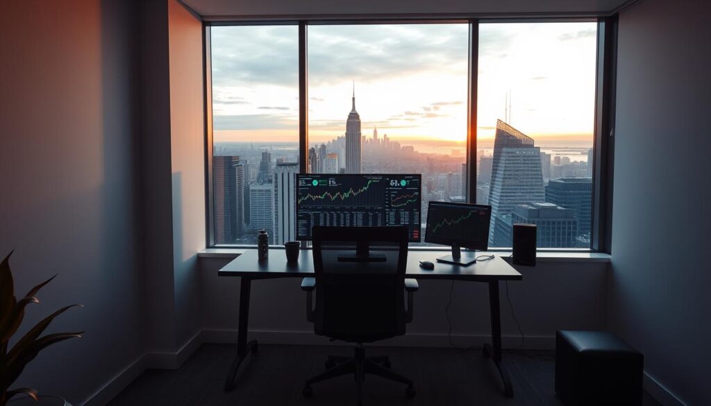 A serene minimalist office workspace with a desk, chair, and computer setup. In the foreground, a sleek algorithmic trading dashboard with real-time data visualizations, price charts, and order execution metrics. The middle ground features a large window overlooking a bustling financial district, the city skyline illuminated by the warm glow of sunset. Soft, directional lighting from the window creates a sense of focus and productivity. The overall mood is one of precision, efficiency, and optimization - a calm, controlled environment for high-performance algorithmic trading.