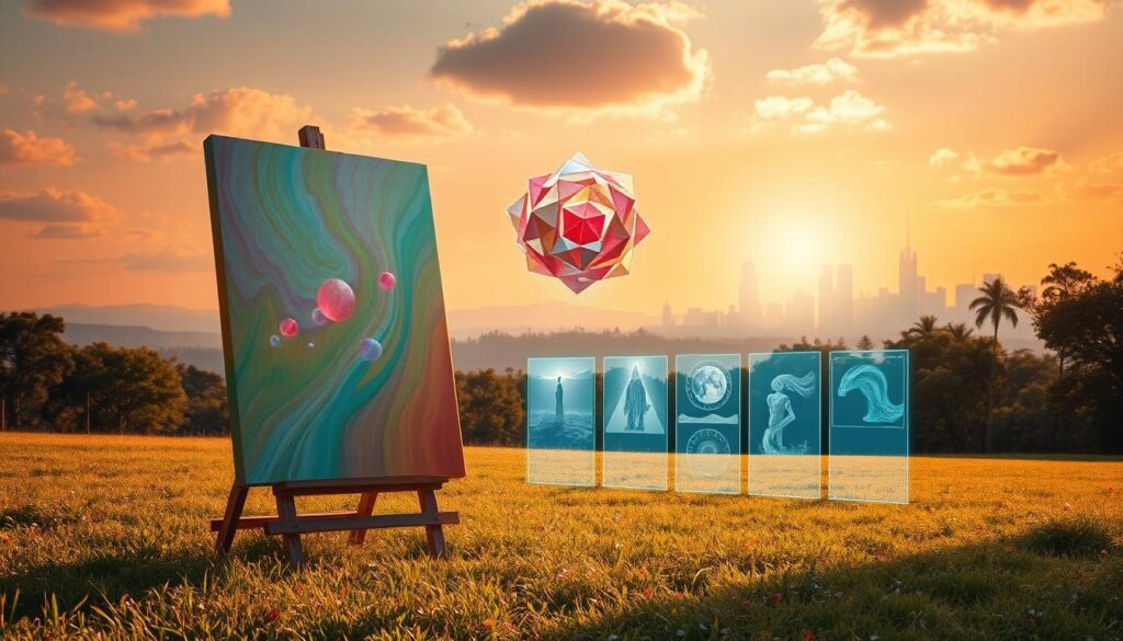 A serene, sun-dappled meadow set against a vibrant, digital landscape. In the foreground, a traditional canvas painting stands tall, its brushstrokes coming alive with a kaleidoscope of colors. Emerging from the canvas, a cluster of glowing, polygonal forms float weightlessly, symbolizing the evolution of art into the digital realm. The middle ground features a series of holographic projections, each showcasing a unique NFT artwork, their ethereal images dancing across the scene. In the distance, a futuristic city skyline shimmers, hinting at the boundless possibilities of the digital art revolution. Warm, soft lighting casts a dreamlike atmosphere, blending the physical and digital worlds seamlessly.