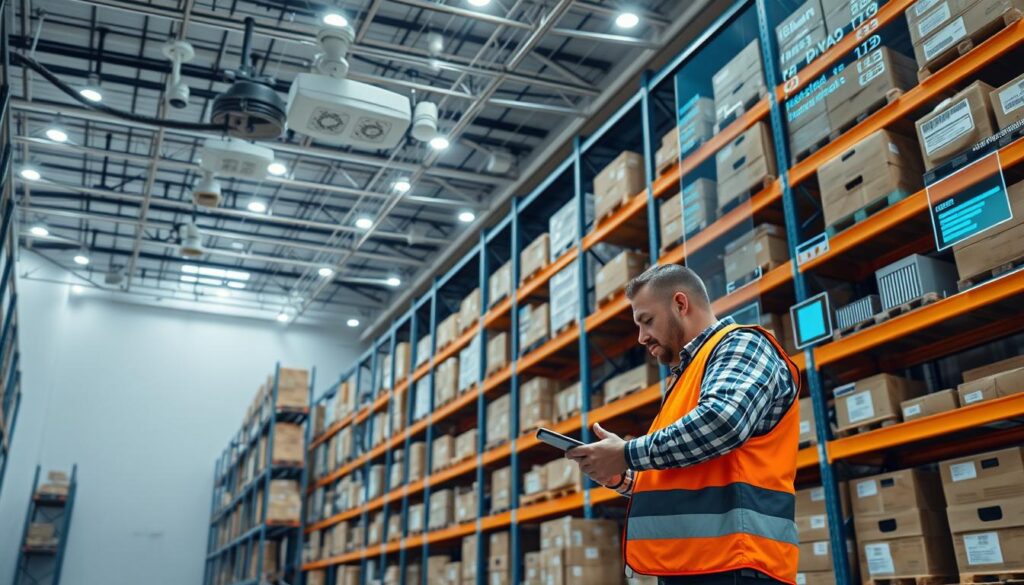 A serene, well-lit warehouse interior with sleek industrial shelving stacked high with smartly organized shipping containers. In the foreground, a worker in a high-visibility vest scans a barcode on a package using a handheld device, overseeing the efficient flow of goods. Suspended from the ceiling, a network of interconnected sensors and cameras monitor the space, their LED indicators pulsing with data. In the background, a massive interactive dashboard displays real-time supply chain analytics, blockchain-secured transactions, and optimization algorithms running seamlessly. The overall atmosphere conveys a sense of technological harmony, precision, and seamless logistics.