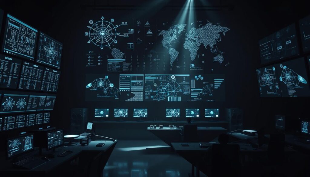 A shadowy and imposing security control center, with a towering array of monitors and holographic displays illuminating the darkened room. Intricate algorithms and complex network diagrams pulse with data, guarded by a team of vigilant operators scanning for potential threats. The atmosphere is tense, with a sense of high-stakes responsibility hanging in the air. Sleek, angular workstations and a sophisticated command console dominate the foreground, while the background is shrouded in deep shadows, hinting at the unseen vulnerabilities and attack surfaces that must be constantly monitored and defended against. Dramatic, high-contrast lighting casts dramatic shadows, creating a brooding, ominous mood befitting the critical nature of the security operations.