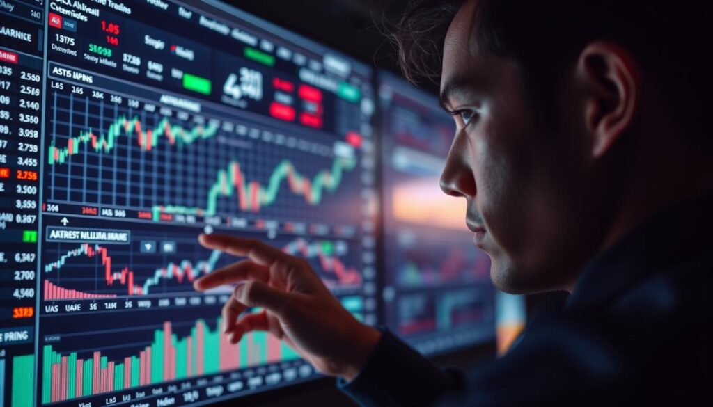 A sleek and intuitive user interface displaying a variety of customizable trading charts, indicators, and analysis tools. In the foreground, a person interacts with the interface, their face illuminated by the soft glow of the screen. The background features a dynamic, data-driven visualization of market trends and performance metrics. The overall mood is one of technological sophistication, empowering the user to make informed, data-driven trading decisions. Lighting is subdued, with a focus on the screen's luminance, creating a sense of focus and concentration. The camera angle is slightly elevated, giving a sense of control and command over the trading environment. A sleek and intuitive user interface displaying a variety of customizable trading charts, indicators, and analysis tools. In the foreground, a person interacts with the interface, their face illuminated by the soft glow of the screen. The background features a dynamic, data-driven visualization of market trends and performance metrics. The overall mood is one of technological sophistication, empowering the user to make informed, data-driven trading decisions. Lighting is subdued, with a focus on the screen's luminance, creating a sense of focus and concentration. The camera angle is slightly elevated, giving a sense of control and command over the trading environment.