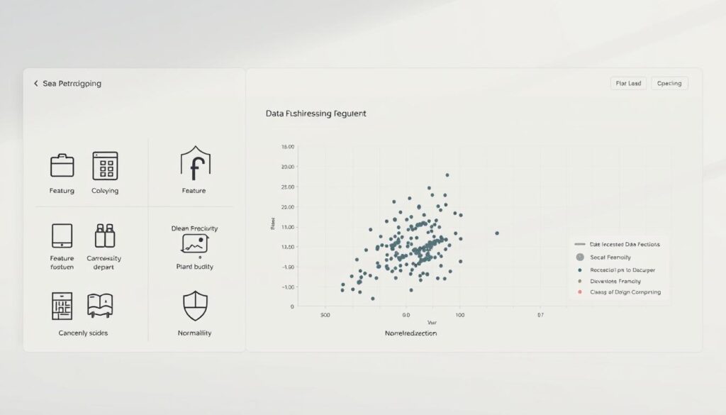 A sleek and minimalist data visualization dashboard, showcasing various data preprocessing techniques. The foreground features neatly arranged icons and infographic elements representing data cleaning, feature engineering, normalization, and dimensionality reduction. The middle ground depicts a 3D scatter plot with dynamic data points, highlighting the effects of these preprocessing steps. The background features a soft, muted color palette with subtle grid lines, conveying a sense of structure and organization. The lighting is clean and directional, casting subtle shadows to add depth and dimension. The camera angle is slightly elevated, providing an overview of the entire data processing workflow. A sleek and minimalist data visualization dashboard, showcasing various data preprocessing techniques. The foreground features neatly arranged icons and infographic elements representing data cleaning, feature engineering, normalization, and dimensionality reduction. The middle ground depicts a 3D scatter plot with dynamic data points, highlighting the effects of these preprocessing steps. The background features a soft, muted color palette with subtle grid lines, conveying a sense of structure and organization. The lighting is clean and directional, casting subtle shadows to add depth and dimension. The camera angle is slightly elevated, providing an overview of the entire data processing workflow.