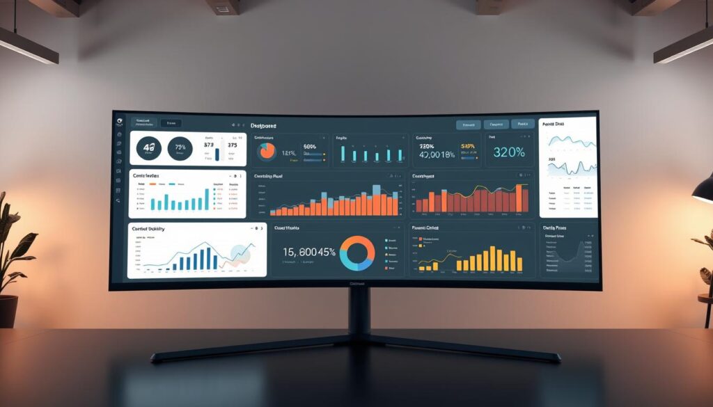 A sleek and modern AI dashboard interface displayed on a large ultrawide monitor, showcasing various customizable data visualization tools and analytics panels. The dashboard is set against a minimalist, office-inspired background with clean lines, warm lighting, and subtle industrial accents. The foreground features intuitive drag-and-drop widgets, adjustable charts, and interactive data filtering options, allowing users to seamlessly build and personalize their own AI-powered monitoring and decision-making dashboard. The overall scene conveys a sense of productivity, technological prowess, and user-centric design. A sleek and modern AI dashboard interface displayed on a large ultrawide monitor, showcasing various customizable data visualization tools and analytics panels. The dashboard is set against a minimalist, office-inspired background with clean lines, warm lighting, and subtle industrial accents. The foreground features intuitive drag-and-drop widgets, adjustable charts, and interactive data filtering options, allowing users to seamlessly build and personalize their own AI-powered monitoring and decision-making dashboard. The overall scene conveys a sense of productivity, technological prowess, and user-centric design.