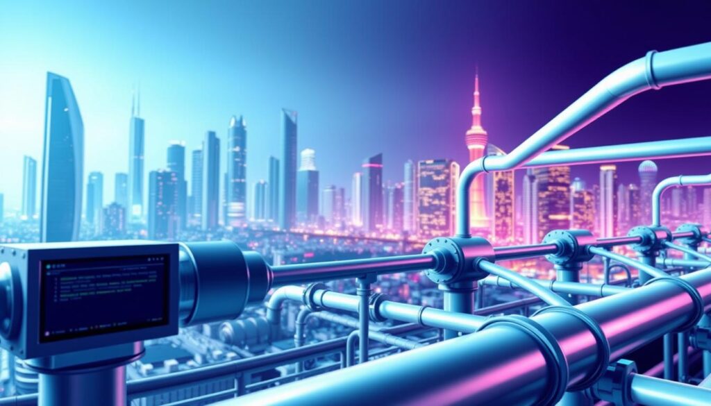 A sleek and modern data pipeline, with clean lines and a minimalist aesthetic. In the foreground, a series of interconnected modules represent the various stages of data processing, from ingestion to transformation and analysis. The middle ground features a network of pipes and tubes, symbolizing the flow of information between these components. In the background, a futuristic cityscape with towering skyscrapers and a vibrant, neon-lit skyline creates a dynamic and technologically advanced backdrop. The lighting is crisp and directional, casting sharp shadows and highlights that accentuate the mechanical nature of the data pipeline. The overall composition conveys a sense of efficiency, innovation, and the power of NEAR protocol's artificial intelligence development platform.
