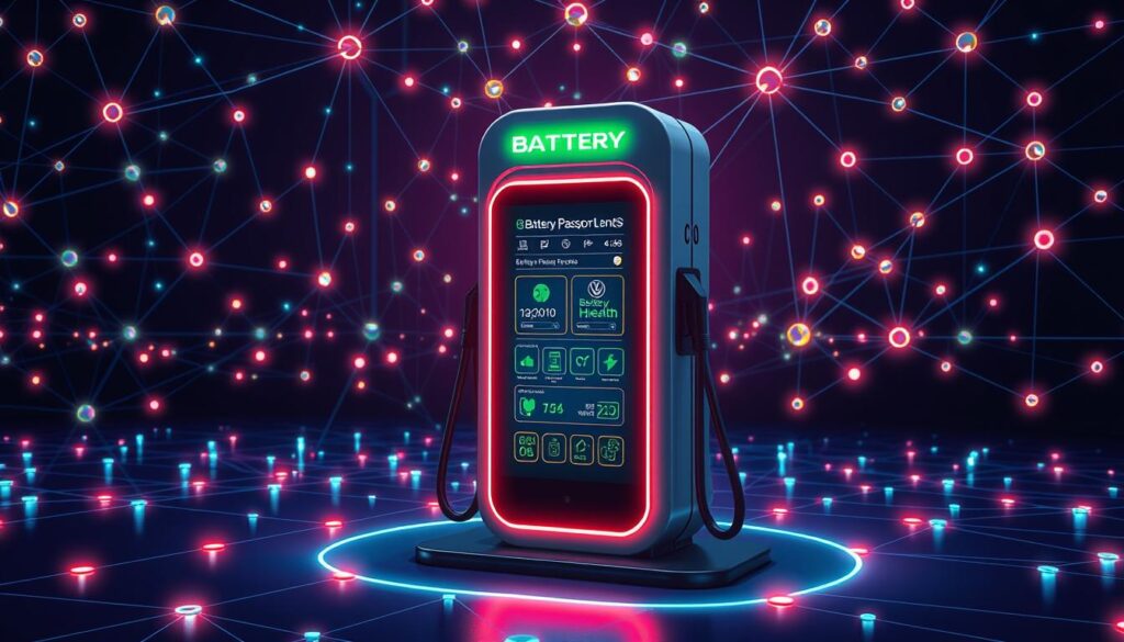 A sleek and modern electric vehicle (EV) battery charging station, surrounded by a complex network of interconnected blockchain nodes. The station's interface displays real-time data on battery health, charge levels, and provenance, secured by an immutable distributed ledger. In the background, a stylized representation of the Volkswagen "Battery Passport" system, with glowing lines and geometric shapes to convey the data flow and cryptographic processes. Vibrant colors, clean lines, and a sense of technological sophistication create an image that effectively communicates the integration of EV technology and blockchain-based supply chain management.