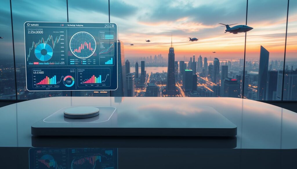 A sleek and modernistic visualization of 2028 trading volume and market cap analysis. In the foreground, a series of interactive holographic data displays hover above a glossy table, showcasing vibrant charts, graphs and projections. The middle ground features a panoramic view of a bustling futuristic financial district, skyscrapers piercing the skyline and flying vehicles streaking across the horizon. Soft, diffused lighting casts an ethereal glow, creating a sense of technological advancement and informed financial decision-making. The overall atmosphere is one of sophisticated, data-driven progress, reflecting the insightful nature of the "Insights into Price Forecasting for 2028" section.