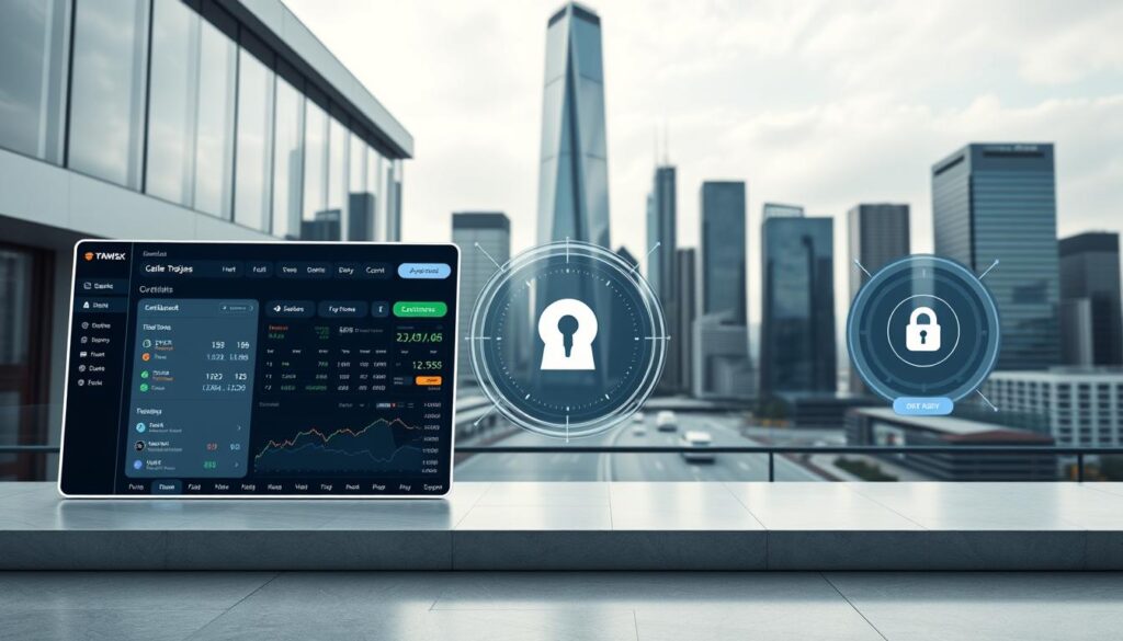A sleek banking interface seamlessly integrating with a cryptocurrency trading platform, set against a backdrop of modern architecture and a cityscape. The foreground features a fluid, minimalist dashboard with clean lines, intuitive controls, and real-time data visualizations. The middle ground showcases a security-focused authentication process, complete with biometric scans and encrypted data transfers. The background depicts a towering skyline of glass and steel, symbolizing the convergence of traditional finance and digital asset management. A sleek banking interface seamlessly integrating with a cryptocurrency trading platform, set against a backdrop of modern architecture and a cityscape. The foreground features a fluid, minimalist dashboard with clean lines, intuitive controls, and real-time data visualizations. The middle ground showcases a security-focused authentication process, complete with biometric scans and encrypted data transfers. The background depicts a towering skyline of glass and steel, symbolizing the convergence of traditional finance and digital asset management.