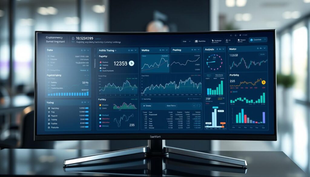 A sleek cryptocurrency monitoring dashboard displayed on a high-resolution ultrawide monitor, showcasing real-time market data, trading signals, and portfolio analytics. The interface features clean lines, minimal clutter, and intuitive data visualizations, all bathed in a cool, futuristic color palette of blues and grays. The background blurs slightly, focusing the viewer's attention on the captivating display of financial insights and analytical tools. Subtle chrome accents and a subtle depth of field create a sense of depth and professionalism, reflecting the advanced machine learning techniques powering the cryptocurrency risk management system.