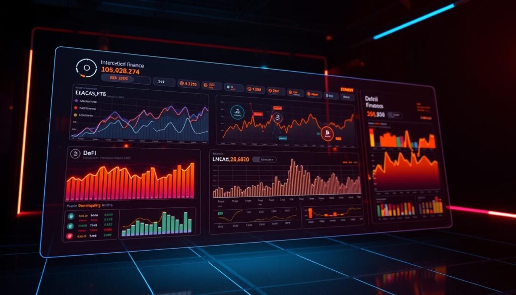 A sleek, data-driven visualization of the decentralized finance (DeFi) market. A dynamic, holographic-style dashboard floats in a dimly lit, futuristic setting. Glowing line graphs, bar charts, and interactive data visualizations dance across the screen, showcasing key DeFi metrics and performance indicators. The visualization is rendered in a high-resolution, photorealistic style with a moody, neon-tinged color palette. Subtle lens flares and cinematic camera angles heighten the sense of technological sophistication. The overall atmosphere is one of analytical precision and cutting-edge financial innovation.