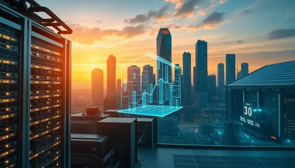 A sleek, energy-efficient blockchain data center set against a backdrop of a futuristic city skyline. The foreground features a complex network of interconnected servers and cooling systems, their LED lights casting a warm, ambient glow. In the middle ground, a transparent holographic display showcases a decentralized transaction ledger, its data streams flowing seamlessly. The background depicts towering skyscrapers, their facades adorned with solar panels that harness renewable energy to power the blockchain infrastructure. The scene conveys a sense of technological innovation and environmental sustainability, reflecting the advancements in energy-efficient blockchain systems.