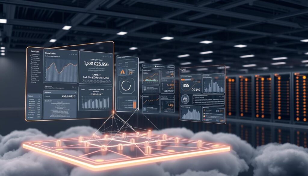 A sleek, futuristic AWS blockchain integration interface. Elegant, translucent panels display real-time transaction data, smart contract details, and network health metrics. In the foreground, a 3D holographic model of a blockchain network infrastructure, its nodes connected by glowing data streams. The middle ground features minimalist UI controls and monitoring dashboards. The background depicts a vast, cloud-like data center, its servers humming with the processing power required to power the blockchain. Soft, indirect lighting casts a serene, high-tech atmosphere. The overall scene conveys the seamless integration of AWS cloud services and blockchain technology.
