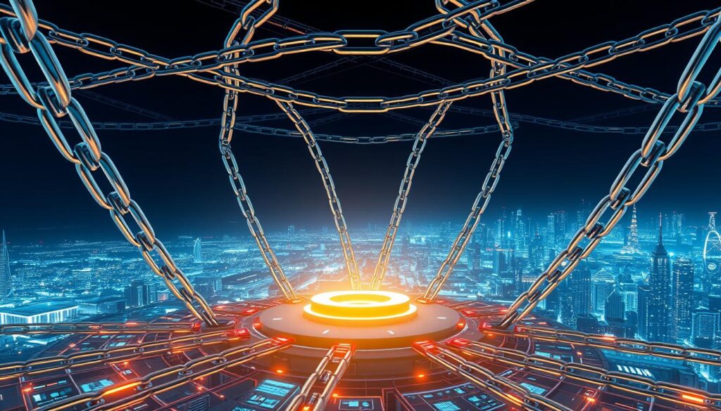 A sleek, futuristic architecture constructed from interlocking chains, each representing a different blockchain protocol. The chains seamlessly integrate, creating a harmonious, omnichain network. In the foreground, a central hub acts as the interoperability engine, glowing with a warm, ethereal light. Surrounding it, modular structures housing various decentralized applications, their interconnectedness symbolized by a web of shimmering data streams. In the background, a vast, cityscape-like landscape of interconnected blockchains, their individual identities blending into a cohesive, decentralized ecosystem. The entire scene is bathed in a cool, metallic color palette, conveying a sense of technological sophistication and unparalleled interoperability.