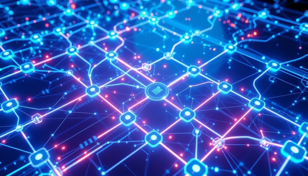 A sleek, futuristic blockchain ledger system, with a complex network of interconnected nodes and transactions visualized in a three-dimensional space. Glowing data streams flow between nodes, representing the tamper-evident audit trails that blockchain technology provides. The scene is bathed in a cool, blue-tinted lighting, conveying a sense of security and transparency. The camera angle is positioned slightly above, giving an overhead, bird's-eye view of the system, emphasizing the scale and interconnectivity of the blockchain infrastructure. The overall mood is one of technological sophistication and the reliable, verifiable nature of blockchain-based financial record-keeping.
