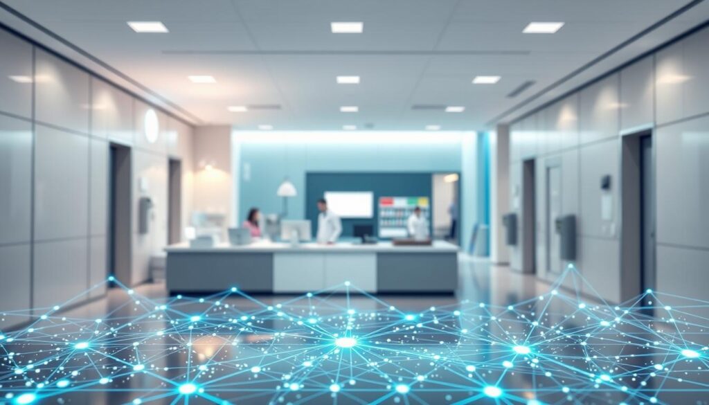 A sleek, futuristic blockchain network overlaying a healthcare data exchange ecosystem. In the foreground, a secure digital ledger shimmering with encoded health records. In the middle ground, seamless data integration between hospitals, insurers, and patients, enabled by interoperability. The background depicts a modern, minimalist medical facility, bathed in soft, ambient lighting. Geometric shapes and clean lines convey a sense of efficiency and trust in the blockchain-powered solution. An elegant, technologically-advanced visualization of the healthcare industry's digital transformation.