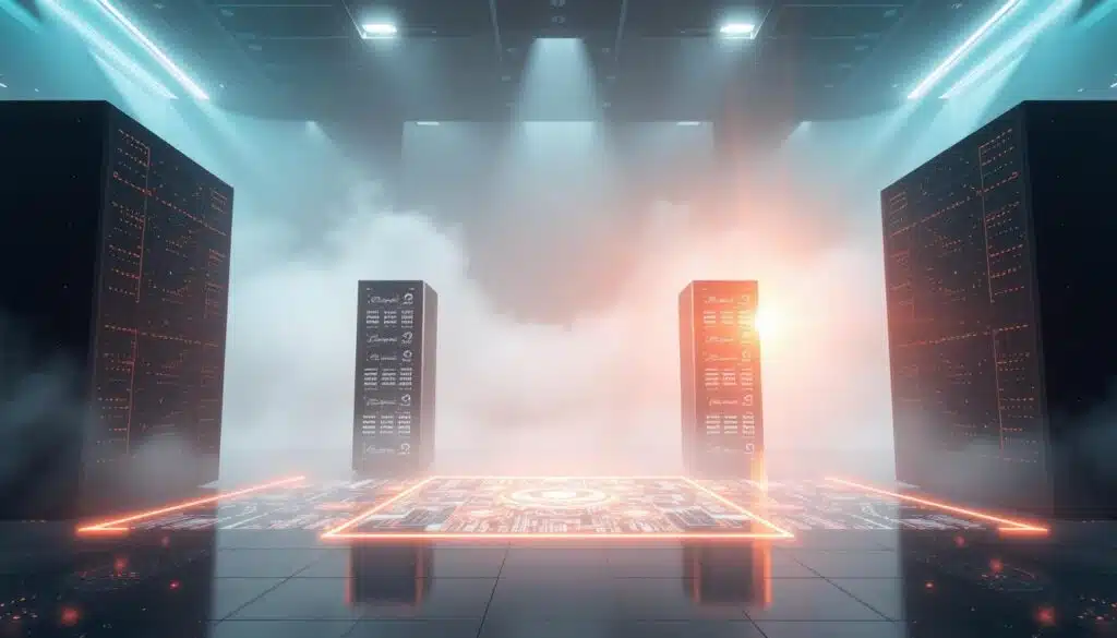A sleek, futuristic blockchain oracle service, centered in a vast, luminous expanse. In the foreground, a holographic interface displays intricate data visualizations, radiating a warm, ambient glow. In the middle ground, towering monolithic servers stand vigil, their surfaces reflecting the light in a mesmerizing display. The background is shrouded in a hazy, translucent mist, suggesting the scale and complexity of the underlying blockchain network. Subtle rays of light pierce through, creating a sense of depth and mystery. The overall atmosphere is one of advanced technology, precision, and the seamless integration of artificial intelligence and decentralized data sources.