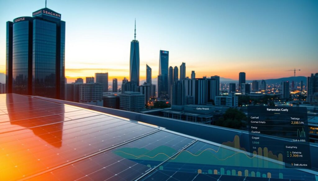 A sleek, futuristic city skyline at dusk, with towering skyscrapers and gleaming solar panels adorning their rooftops. In the foreground, a blockchain-enabled energy monitoring dashboard displays real-time data on renewable energy generation, consumption, and distribution across the grid. The dashboard features intuitive visualizations and transparent tracking of energy sources, empowering consumers and businesses to make informed decisions. The background is bathed in a warm, golden glow, symbolizing the sustainable, efficient, and transparent energy ecosystem powered by blockchain technology.