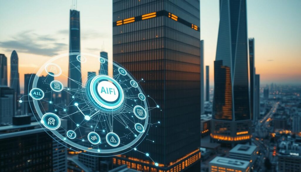 A sleek, futuristic cityscape at dusk, with towering skyscrapers bathed in a warm, golden glow. In the foreground, a holographic display showcases a complex, interlocking network of AI-powered DeFi protocols, each secured by cutting-edge encryption and monitoring systems. Sophisticated algorithms analyze real-time data, identifying and neutralizing potential threats with lightning speed. In the middle ground, a team of developers and analysts collaborates, their expressions focused as they oversee the seamless operation of this advanced financial ecosystem. The background is a panoramic view of the city, its streets and buildings a testament to the power and innovation of this AI-enhanced DeFi landscape.