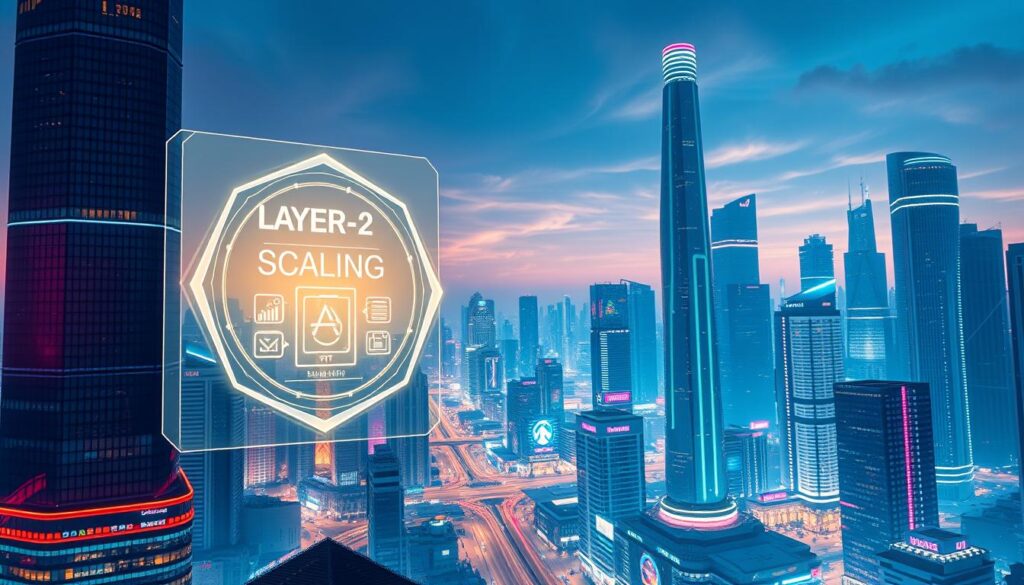 A sleek, futuristic cityscape with towering skyscrapers and a vibrant, neon-lit skyline. In the foreground, a holographic display depicts the mechanics of a layer-2 scaling solution, with smooth, efficient transactions and a reduction in the costs associated with minting NFTs. The middle ground features a bustling financial district, with traders and investors engaged in dynamic exchanges. The background is illuminated by a serene, ethereal glow, conveying a sense of technological advancement and innovation. Cinematic lighting and a wide-angle lens capture the grandeur and scale of this digital landscape, showcasing how layer-2 solutions can revolutionize the NFT minting process and reduce associated costs.