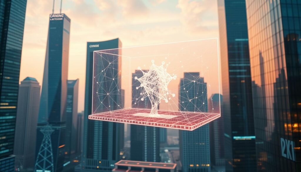 A sleek, futuristic cityscape with towering skyscrapers and gleaming glass facades. In the foreground, a transparent, holographic blockchain ledger hovers, its data points cascading in a mesmerizing dance. Within the ledger, a 3D model of an AI neural network blueprint is displayed, its intricate architecture visible to all. Soft, warm lighting illuminates the scene, creating a sense of openness and transparency. The background is bathed in a cool, blue-tinged glow, suggesting the ubiquitous presence of blockchain technology. The overall atmosphere conveys a sense of trust, security, and the seamless integration of AI and blockchain.